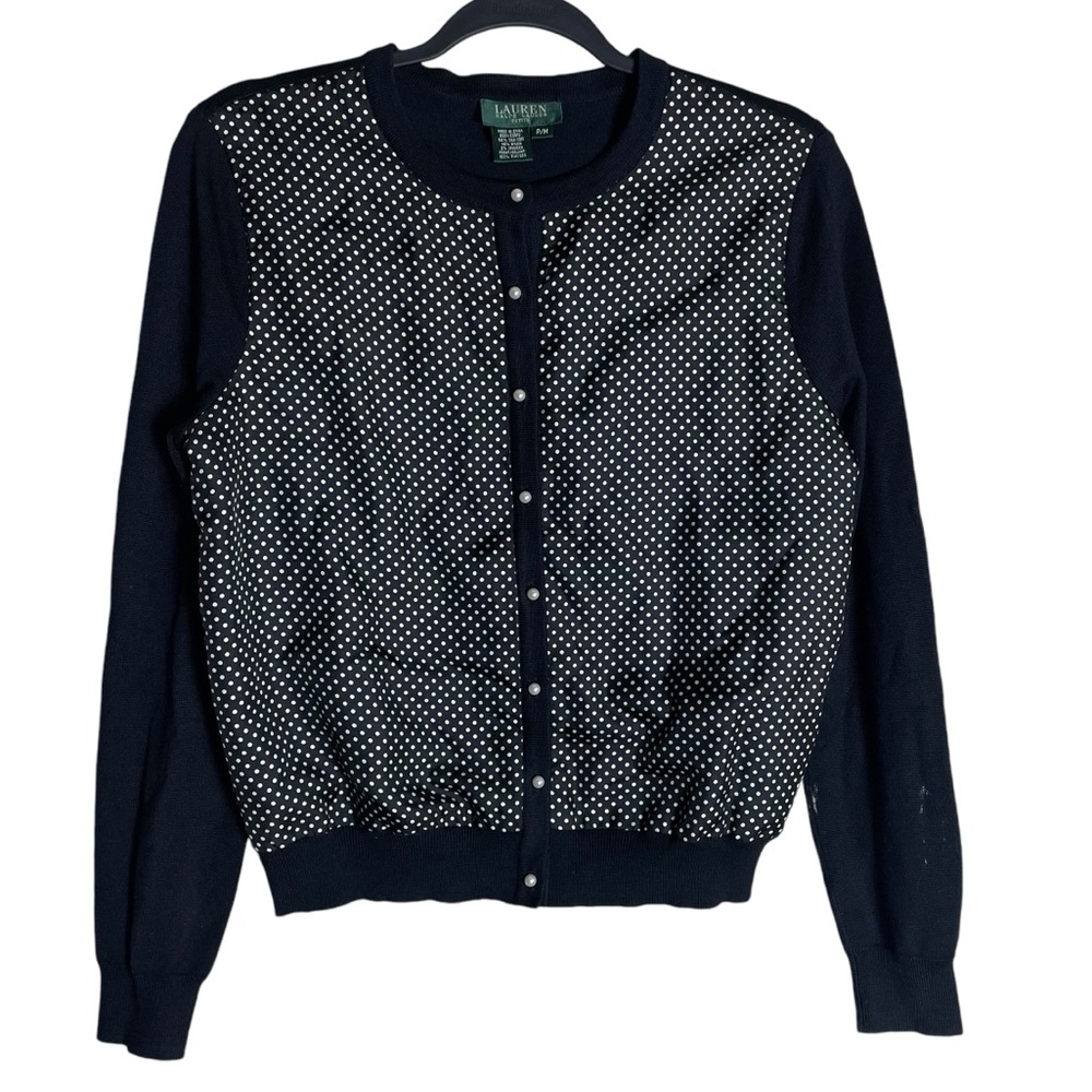Vintage Lauren Ralph Lauren Black White Polka Dot Silk Cardigan Petite Medium
